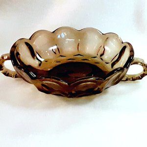 Fostoria Argus pattern 2-handled candy dish or server amber brown scalloped rim